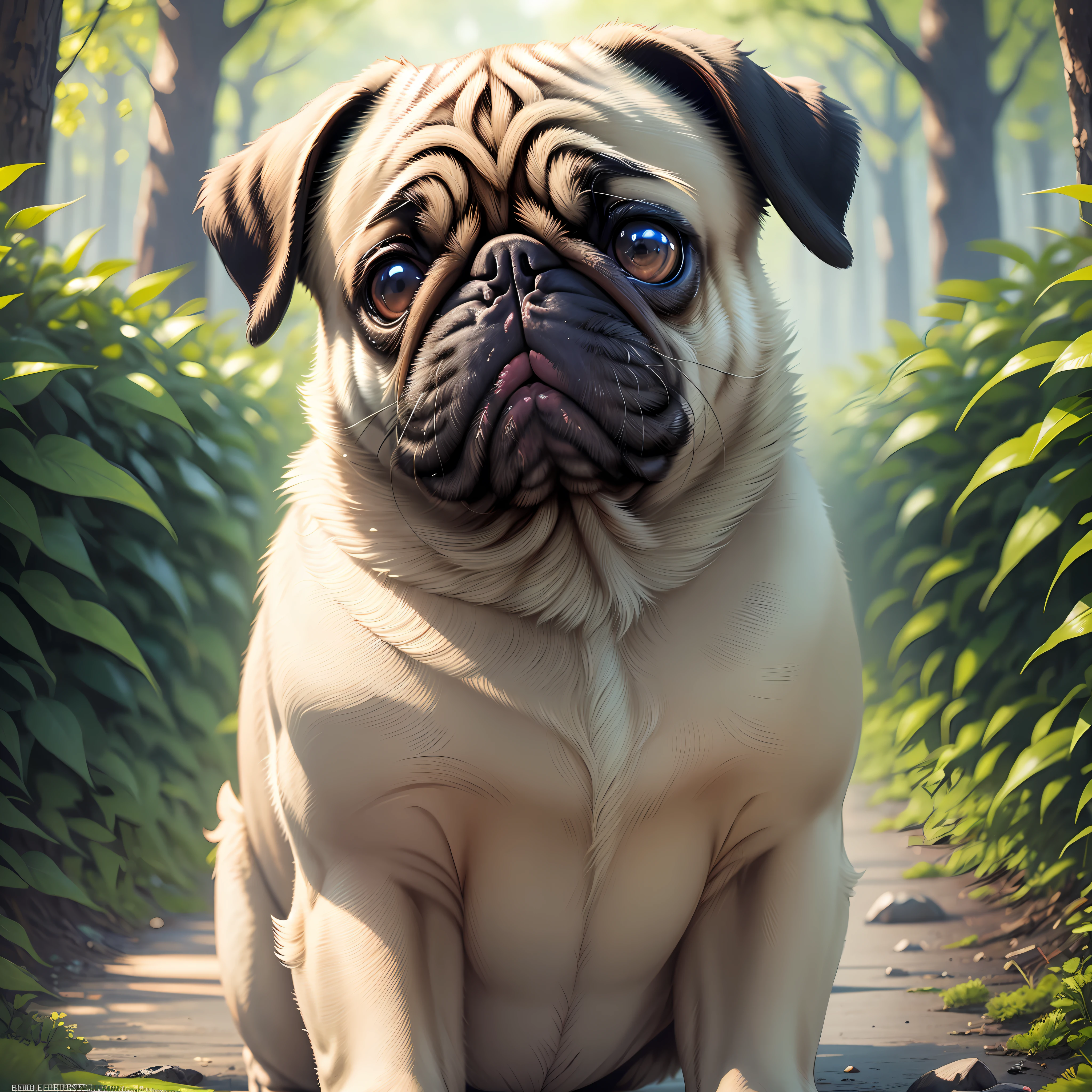 There is a pug dog sitting on a path in the woods - SeaArt AI