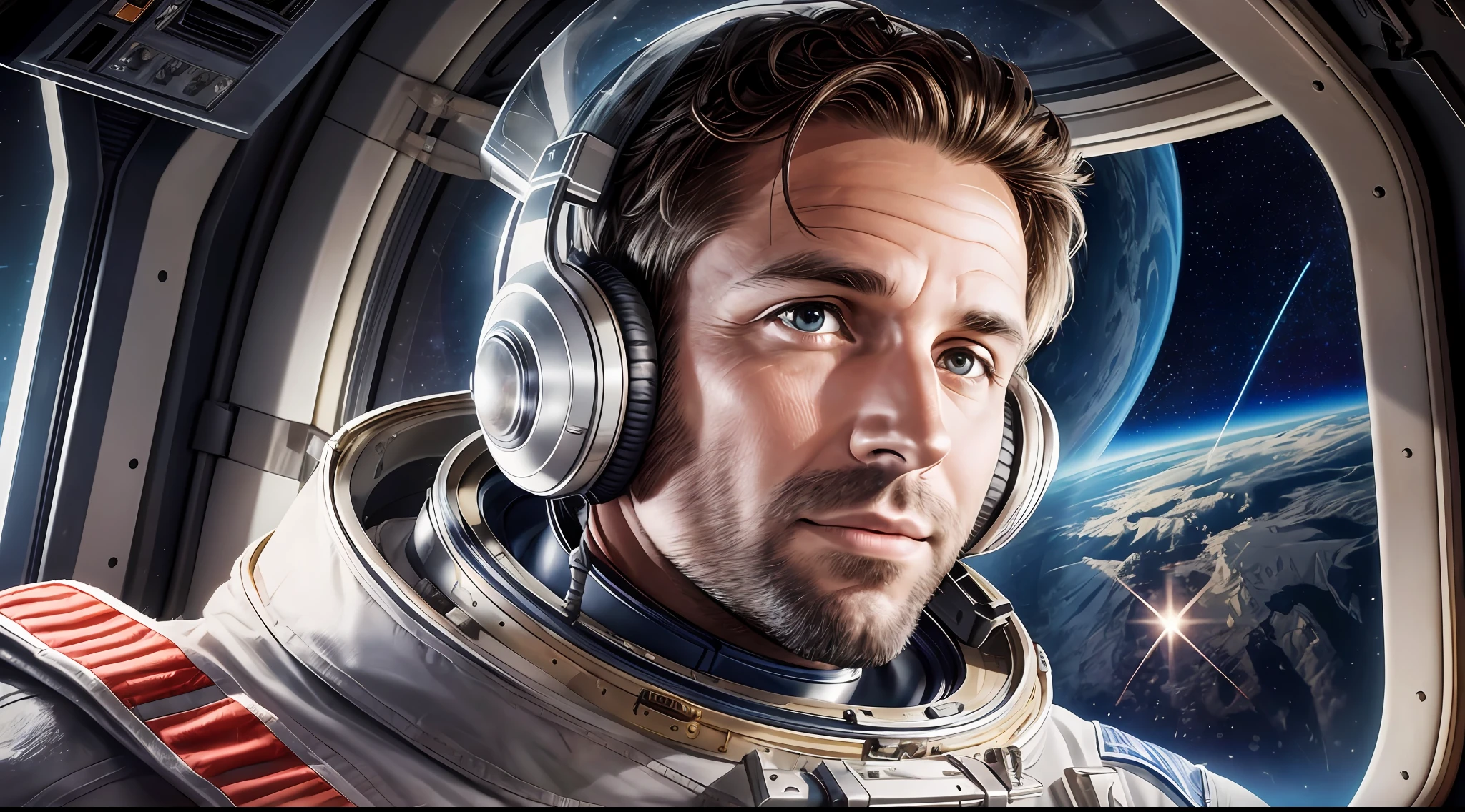 Imagen fotorrealista de un hombre de 3 años, Sin barba, Retrato, Busto, cadete del espacio, sin casco, astronaut Retrato on a spaceship, Piel exquisita y muy detallada., ambiente oscuro, luz baja