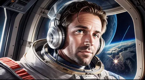 Photorealistic image of a 35-year-old man, no beard, portrait, bust, space cadet, no helmet, astronaut portrait on a spaceship, ...