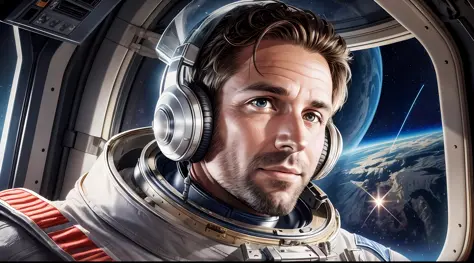 photorealistic image of a 35-year-old man, no beard, portrait, bust, space cadet, no helmet, astronaut portrait on a spaceship, ...