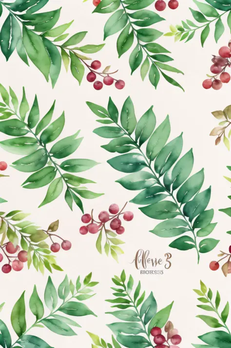 (watercolor painting, flowers, berries, ferns, fruits coffee leaves, soft | calm colors, background #3b4195, watercolor paper texture)