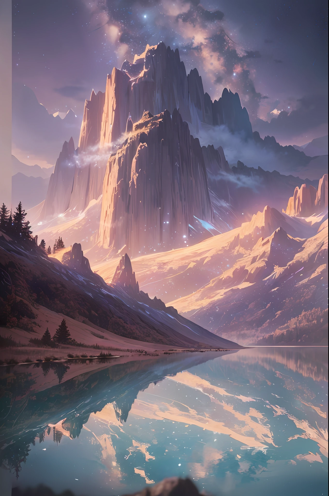 Starry Sky with Mountains and Lake, Jessica Rossier, Inspired by Jessica Rossier, Jessica Rossier Fantasy Art, Concept Art Magic Highlights, Official Artwork, Dream Painting, Ethereal Realm, Atmospheric artwork, dreamy matte paintings, serene endless stars inspired by Ted Nasmith, moonlit starry environments, epic music album covers.