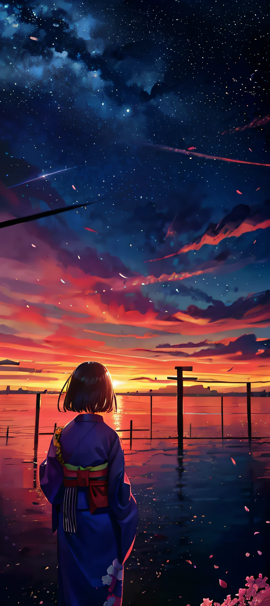 1girl, a distant girl kiss girl in a kimono gazing at the stars, (zoomed: 1.1), (meteor shower: 1.2), (comet: 1.1), your name, low angle, from behind, Northern Lights, meteors, yukata, red kimono, cherry blossoms, standing in the field, best quality, masterpiece, clouds, colorful, starry, stars,