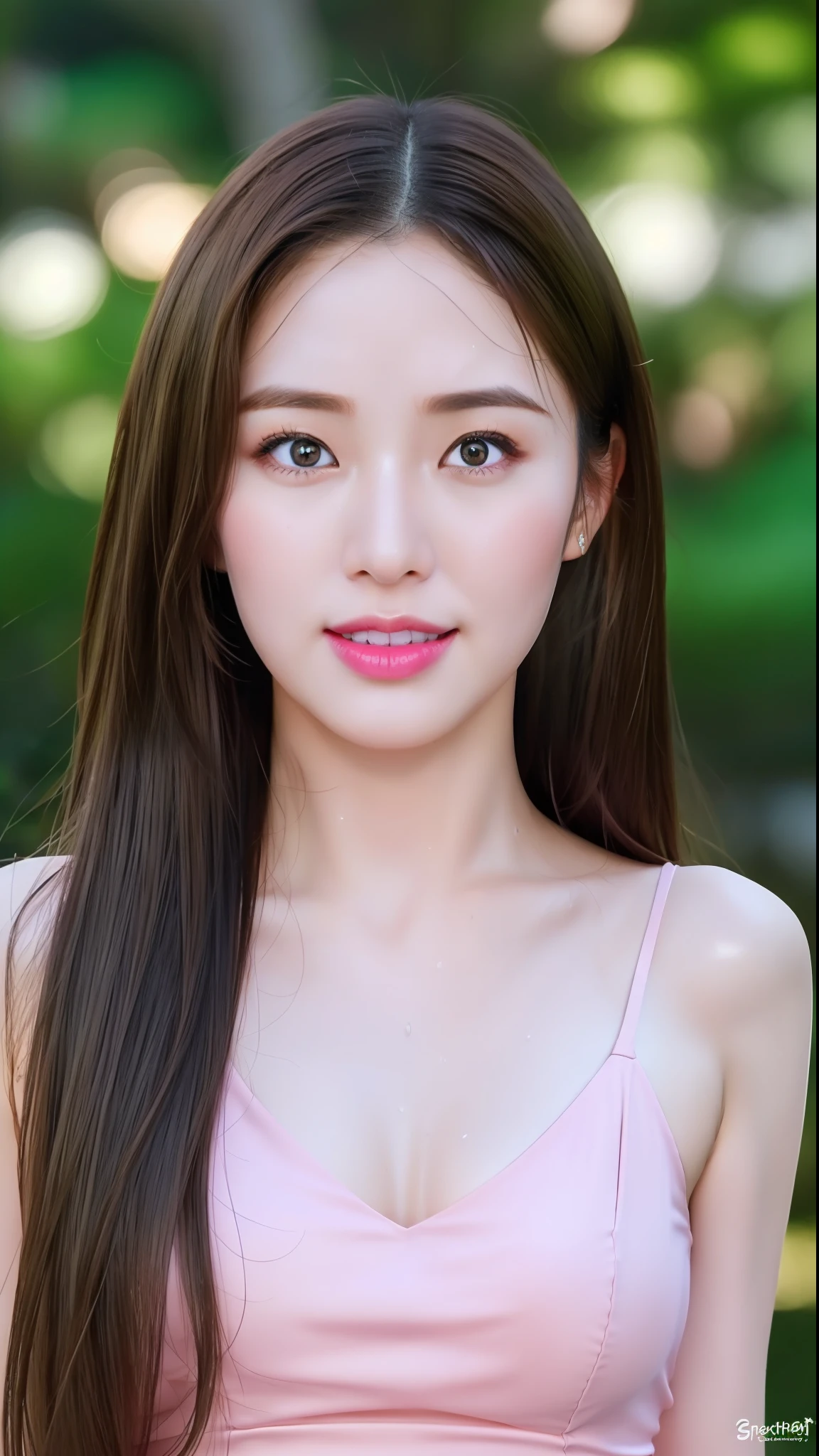 xiaowu, goddess, rabbit ears, (masterpiece, best quality, extremely detailed 8k, ultra hd, ultra-detailed, highly detailed, highly realistic, photo realistic), (russian, 1girl:1.5), (highly proportional head, 1head:1.5), (beautiful realistic face, detailed realistic face), (caramel hair color, high detailed realistic hair, beautiful realistic hairstyle), (beautiful realistic purple eyes, high detailed realistic eyes, proportional eyes, high detailed pupils), (high detailed realistic natural eyebrows), (high detailed realistic lips, beautiful realistic lips, pink lipsticks, light smile), (high proportional realistic breasts, realistic big breasts), slender body, highly detailed realistic skin, (sweaty skin:1.4), lingerie green dress, full body view, full body shot, waterfall, lake, trees, grass, rocks, realistic background