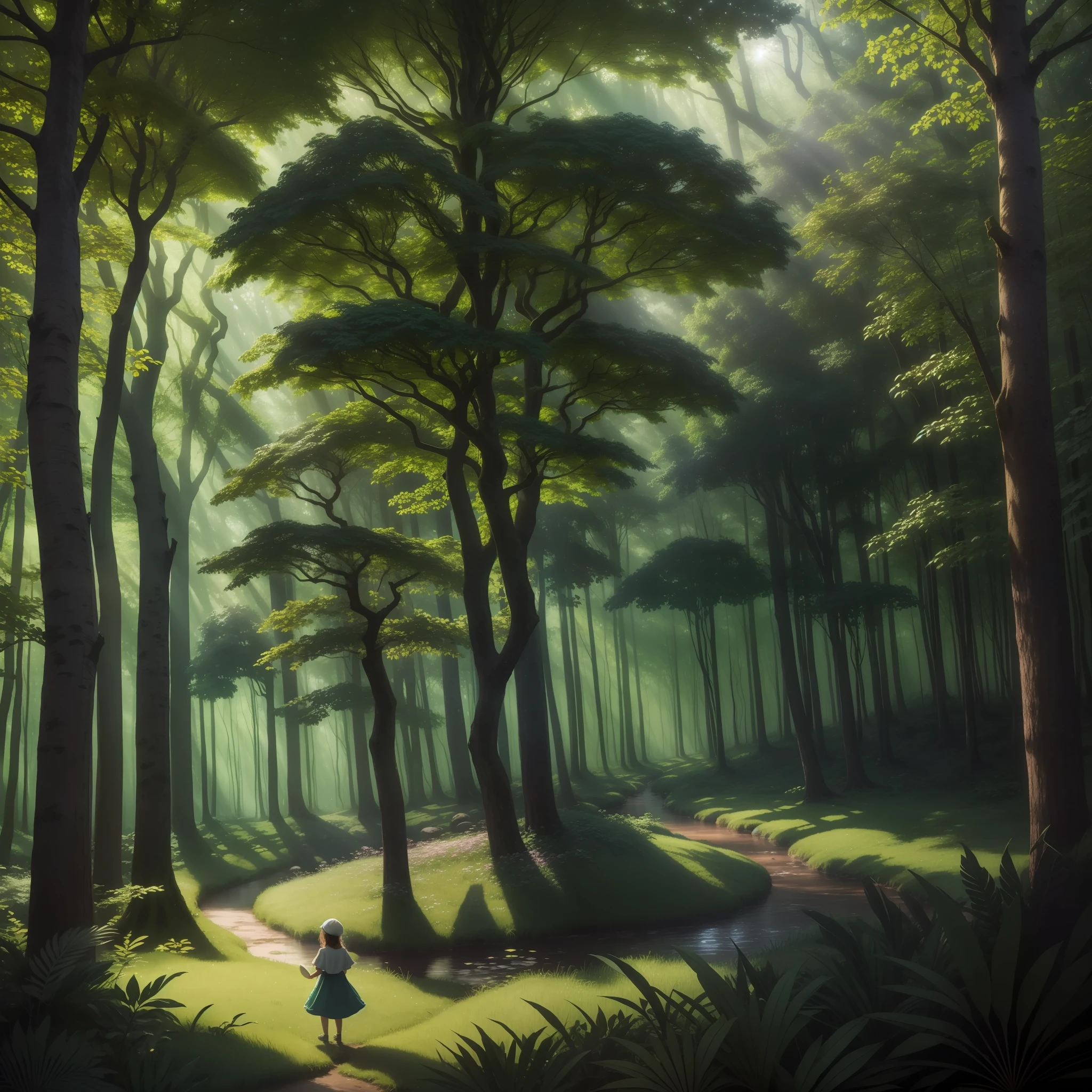 在这张图片中, 一片魔法森林展现出充满神秘色彩的神奇场景. 高大的, 枝繁叶茂的树木形成郁郁葱葱的绿色树冠，巧妙地过滤着阳光, 创造一个宁静而温馨的环境. 在森林的中心, 勇士站在巨人之上