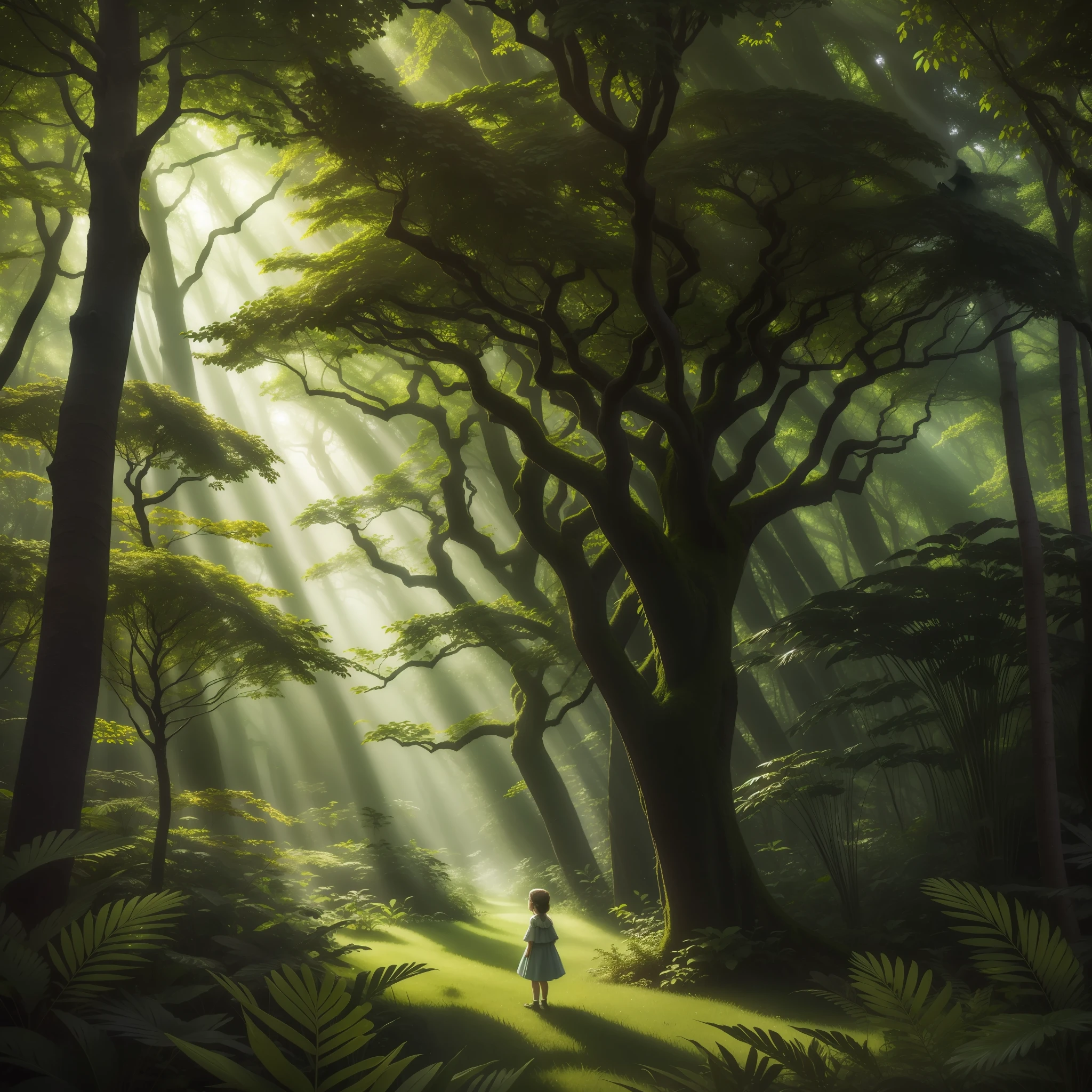 この画像では, 魅惑の森は謎に満ちた魔法のシーンを明らかにします. 背の高い, 緑豊かな木々は、日光を繊細にろ過する緑豊かな天蓋を形成します, 静かで居心地の良い環境づくり. 森の中心に, 勇敢な人が巨人の上に立っている