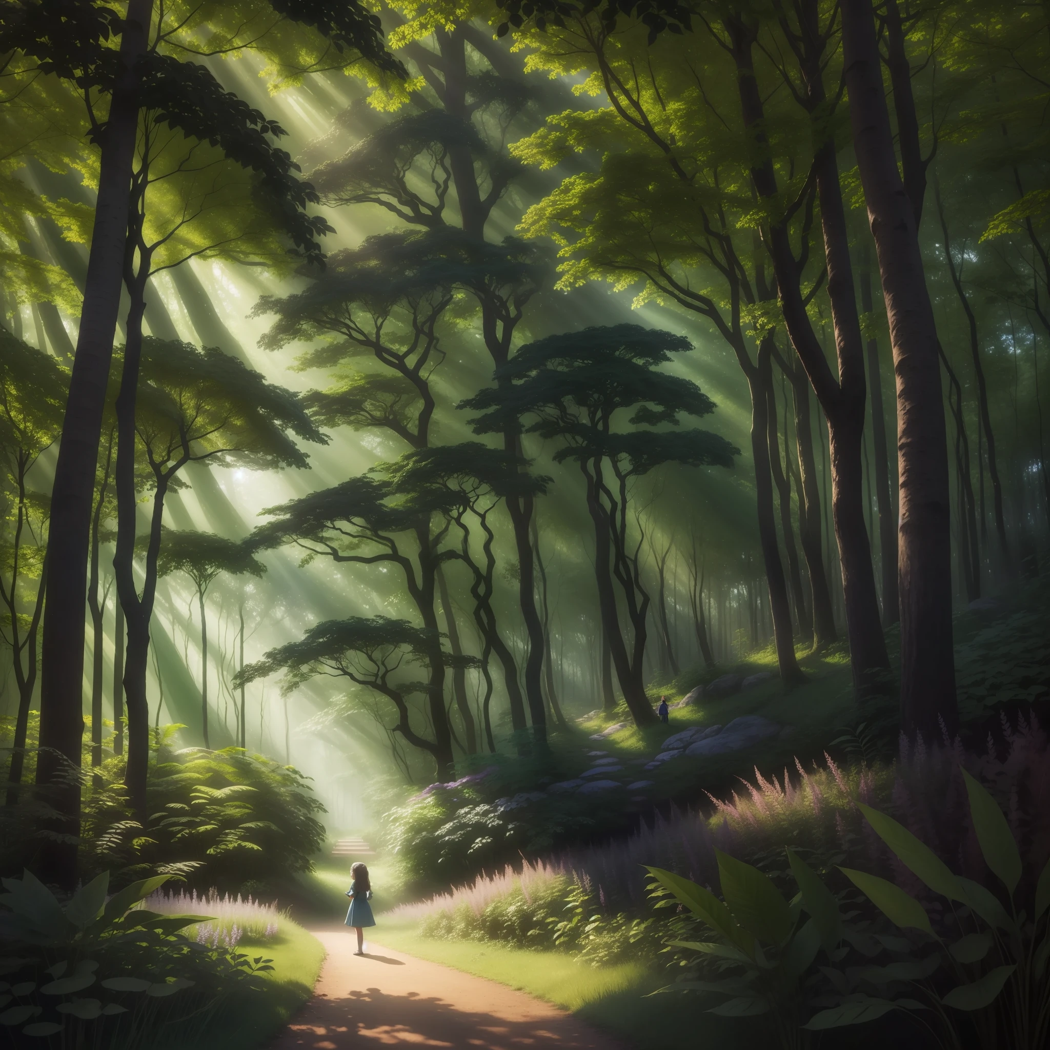 この画像では, 魅惑の森は謎に満ちた魔法のシーンを明らかにします. 背の高い, 緑豊かな木々は、日光を繊細にろ過する緑豊かな天蓋を形成します, 静かで居心地の良い環境づくり. 森の中心に, 勇敢な人が巨人の上に立っている