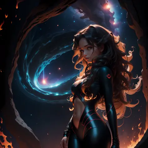 A dark girl with long curly hair emerges her burning figure in an environment of infinite cosmos