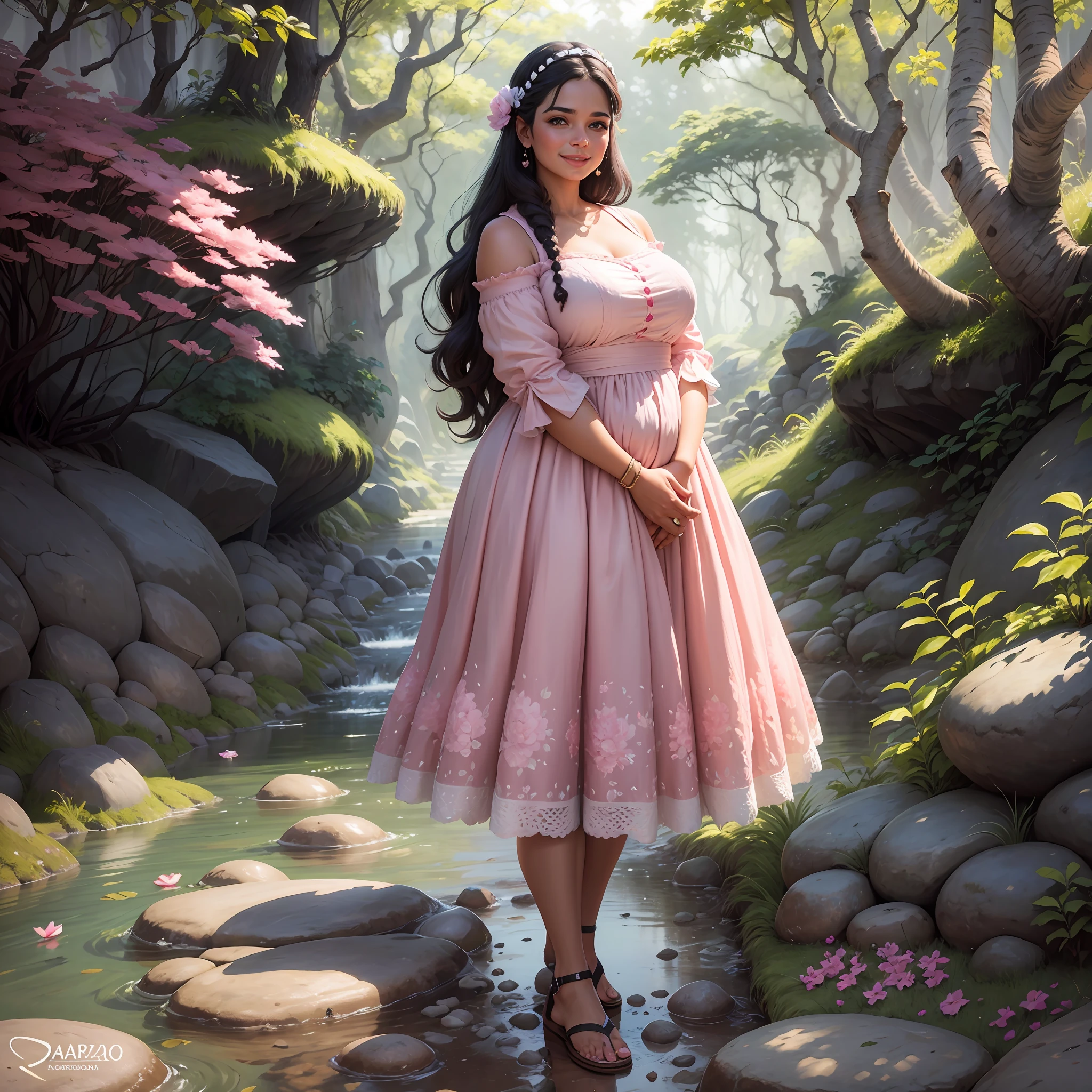 A woman in a pink dress standing in a stream of water - SeaArt AI