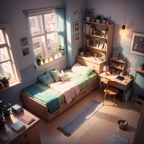 a room with a bed and a desk in it, a low poly render, inspired by Cyril Rolando, pixel art, beautiful isometric garden, at night, small and cosy student bedroom, inside a child's bedroom, organic isometric design, portfolio illustration, cute detailed art...