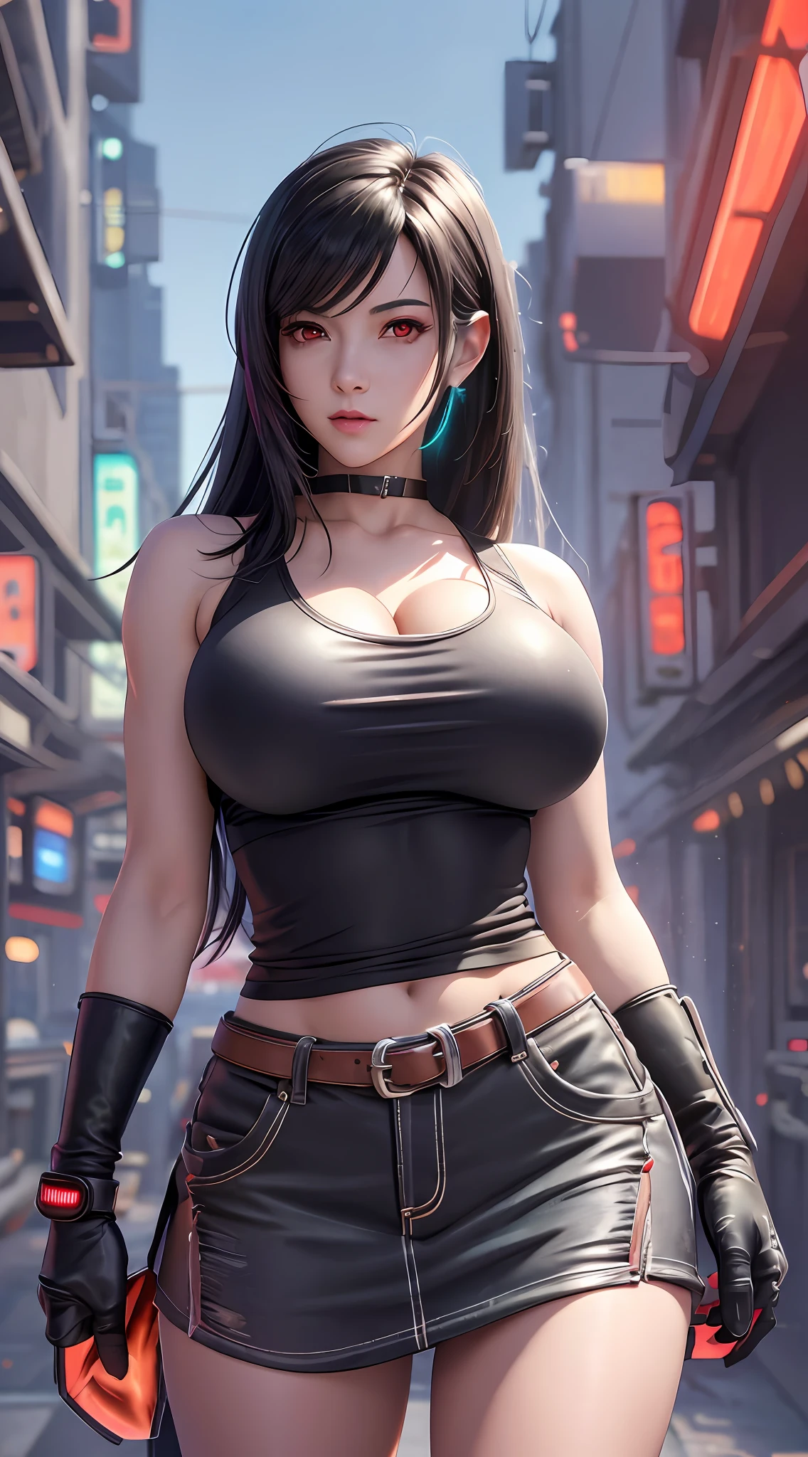 Tifa lockhart, tifa_lockhart,  ff7, sultry face, (white tank top:1.2), black miniskirt, (black long hair), hair bangs (red eyes:1.3) long eyelashes, beautiful red eyes with brightness, surrealism, shadow, stereogram, (photorealistic, realistic: 1.2), POV, atmospheric perspective, cinematic lighting, ray tracing, 8k, super detail, best quality, masterpiece, well detailed, (Canan EOS R6, 135mm, 1/1250s, f/2.8, ISO 400:0.9), cyberpunk, neon, neon signs, ramen shops, (huge breasts:1.5) red gloves --auto --s2