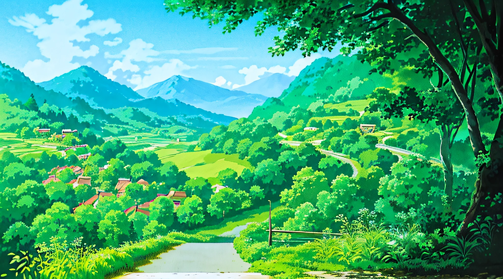 Download Countryside Road And Lake Anime Art Wallpaper | Wallpapers.com