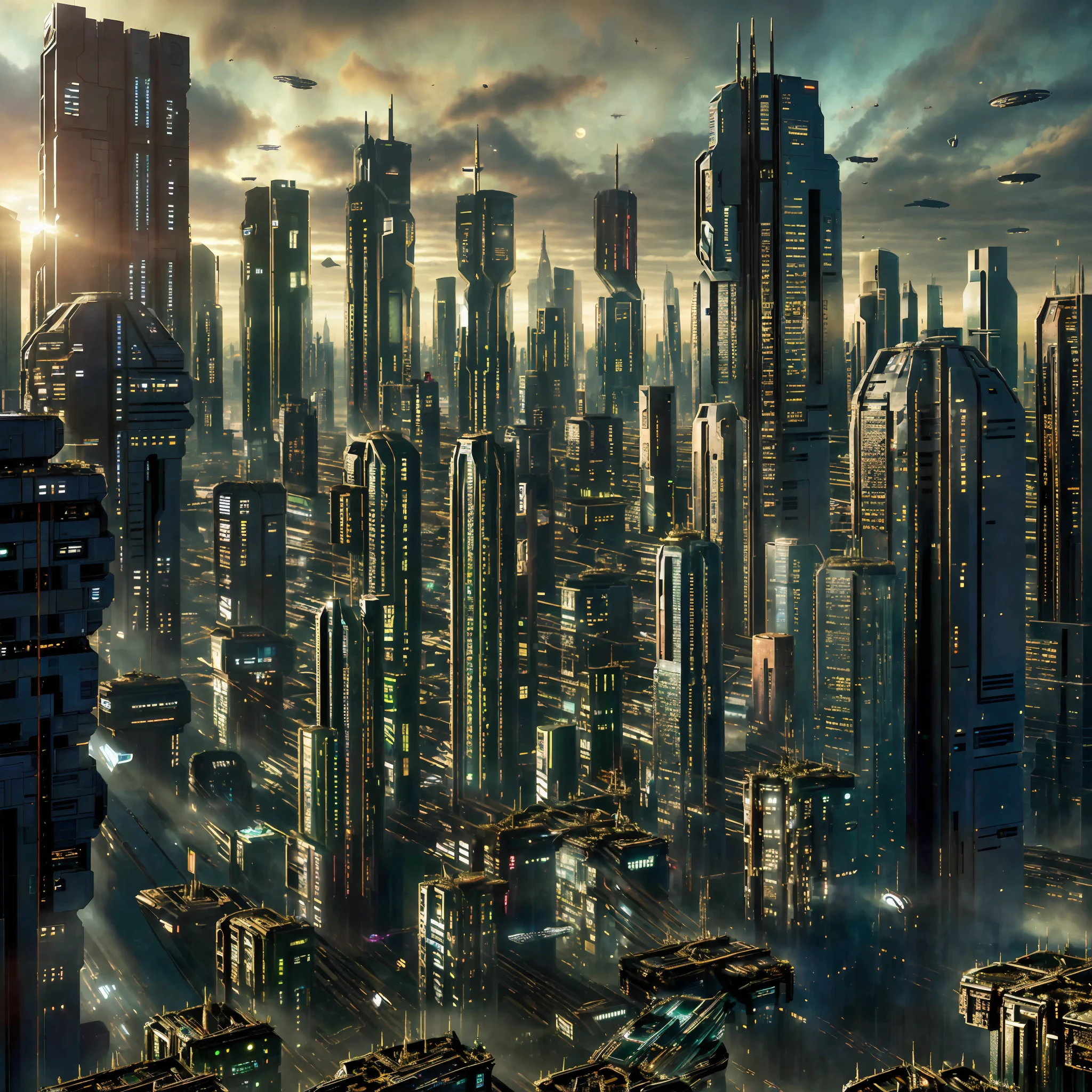 ((a cityscape view of a futuristic sci fi mega sprawling city)), ominous, dystopian city, masterpiece, 4k resolution, (flawless architecture), atmospheric, nature taking over city,