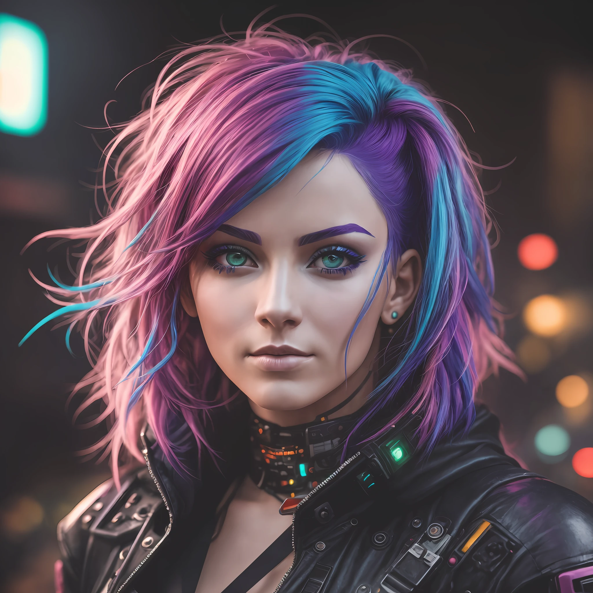 A woman with colorFul hair style cyberpunk, sharp Facial Features, cinématique, objectif 35 mm, F/1.8, éclairage de surbrillance, éclairage global –uplight –v 4 -imagine --auto --s2