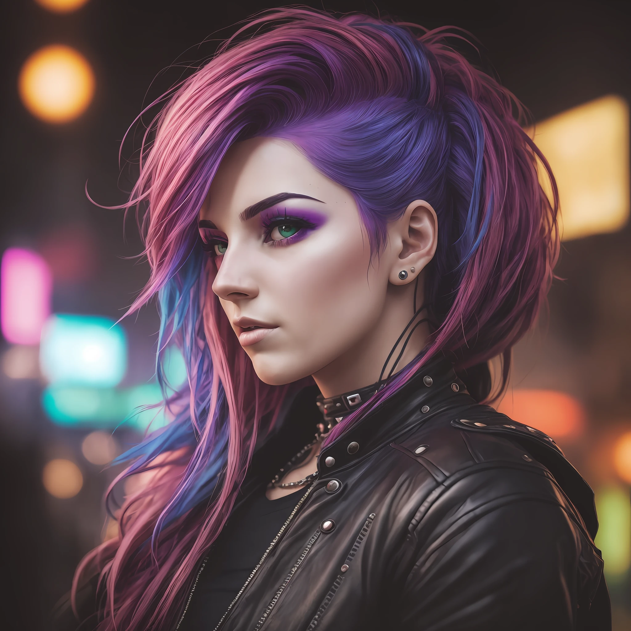 A woman with colorFul hair style cyberpunk, sharp Facial Features, cinematográfico, lente de 35 mm, F/1.8, Iluminación destacada, iluminación global –uplight –v 4 -imagine --auto --s2