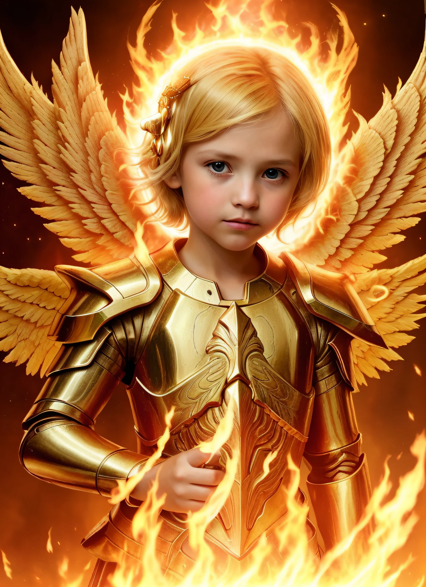 best quality, 4k, (sharp focus: 1.1), realistic detail, angel CHILD with blonde hair, fantasy, fantasy portrait, fire, (wings made of fire: 1.3), gun made of fire, white and gold metal armor engraved, halo made of fire, night sky,