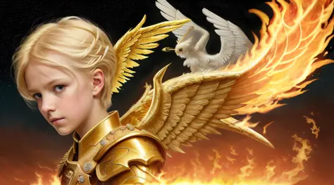 best quality, 4k, (sharp focus: 1.1), realistic detail, angel child with blonde hair, fantasy, fantasy portrait, fire, (wings ma...