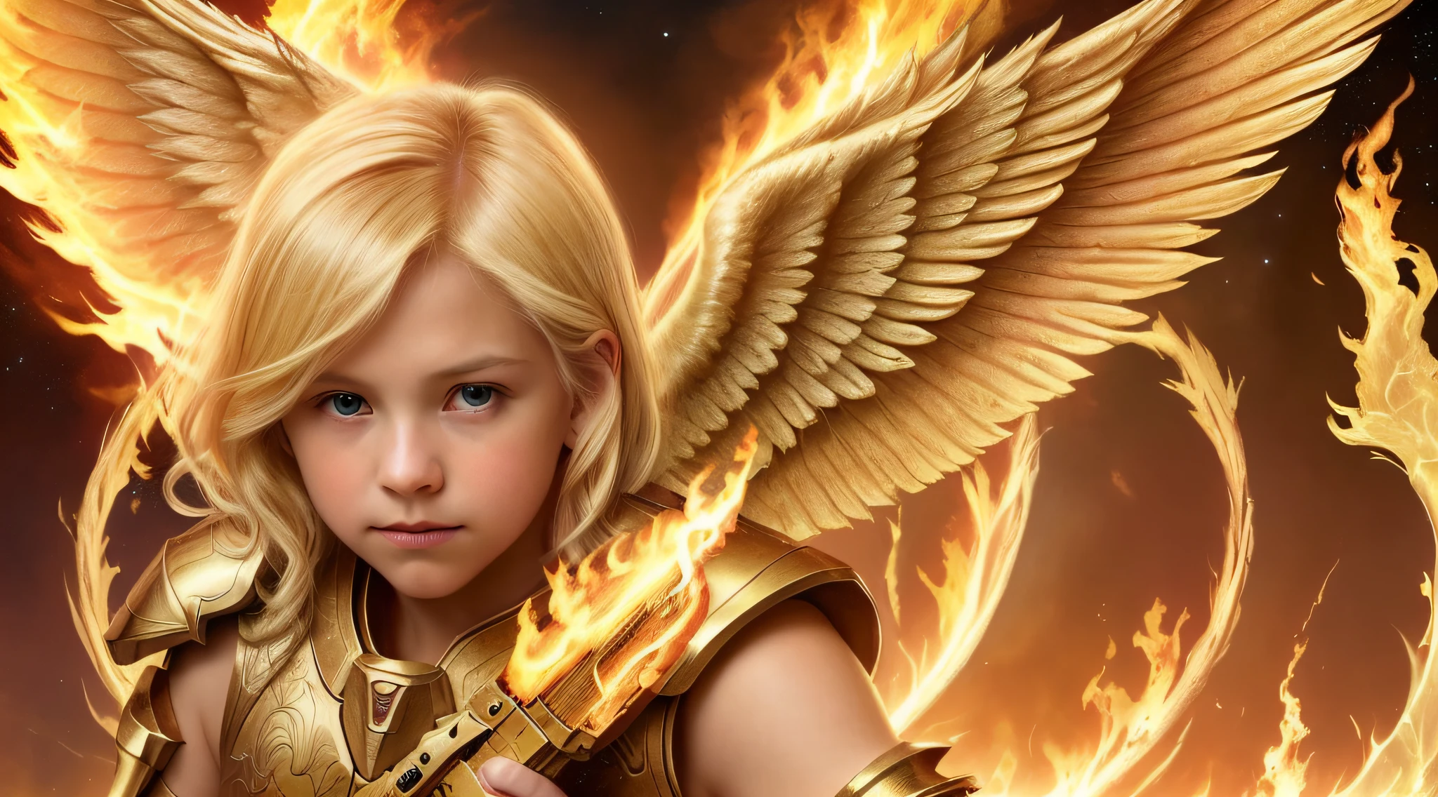 best quality, 4k, (sharp focus: 1.1), realistic detail, angel CHILD with blonde hair, fantasy, fantasy portrait, fire, (wings made of fire: 1.3), gun made of fire, white and gold metal armor engraved, halo made of fire, night sky,