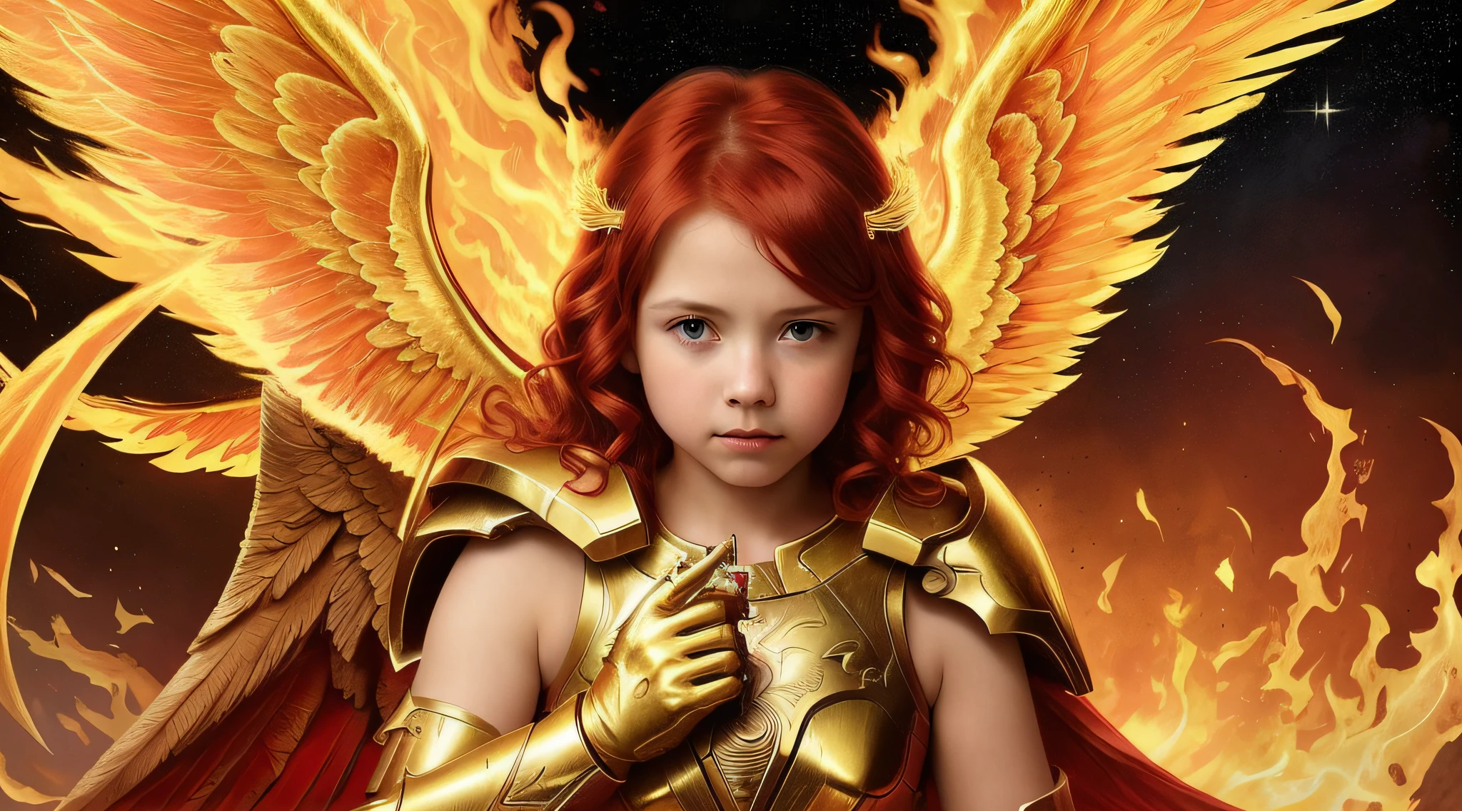 best quality, 4k, (sharp focus: 1.1), realistic detail, angel CHILD with RED hair, costume, fantasy portrait, fire, (wings made of fire: 1.3), gun made of fire, white and gold metal armor engraved, halo made of fire, night sky,