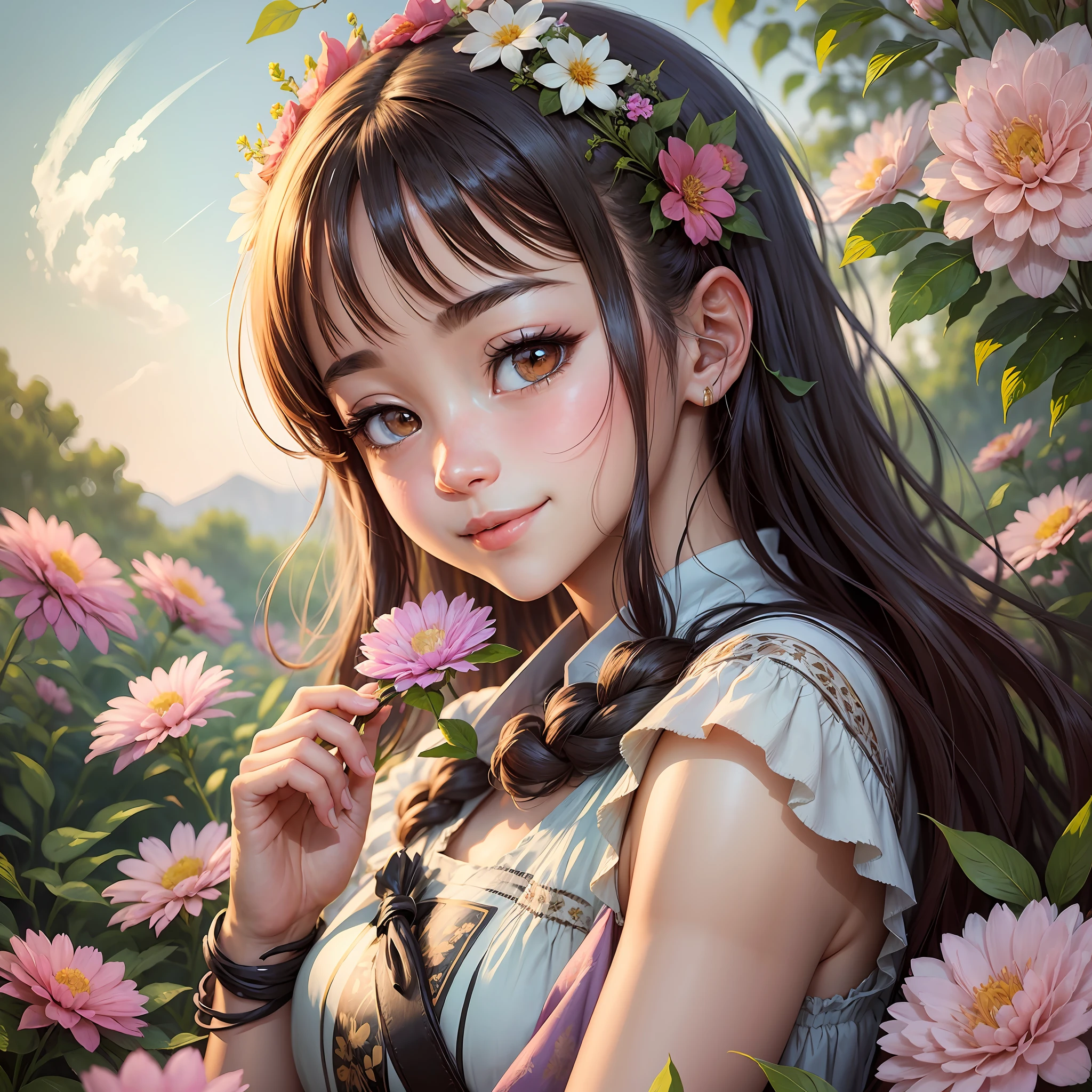 very beautiful aesthetic anime girl, with soft eye look, sutle smile , in the nature, flowers in her hair --auto --s2