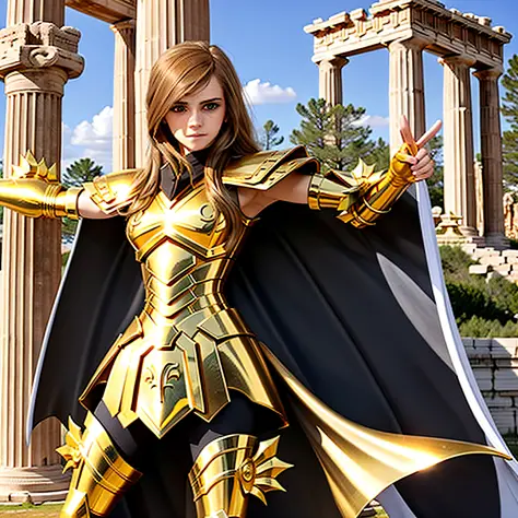 masterpiece, best quality, masterpiece, detailed face, detailed eyes, full body, Emma Watson wearing sexy golden Armor, greek temple ruins in the shore, attack pose,  cape,