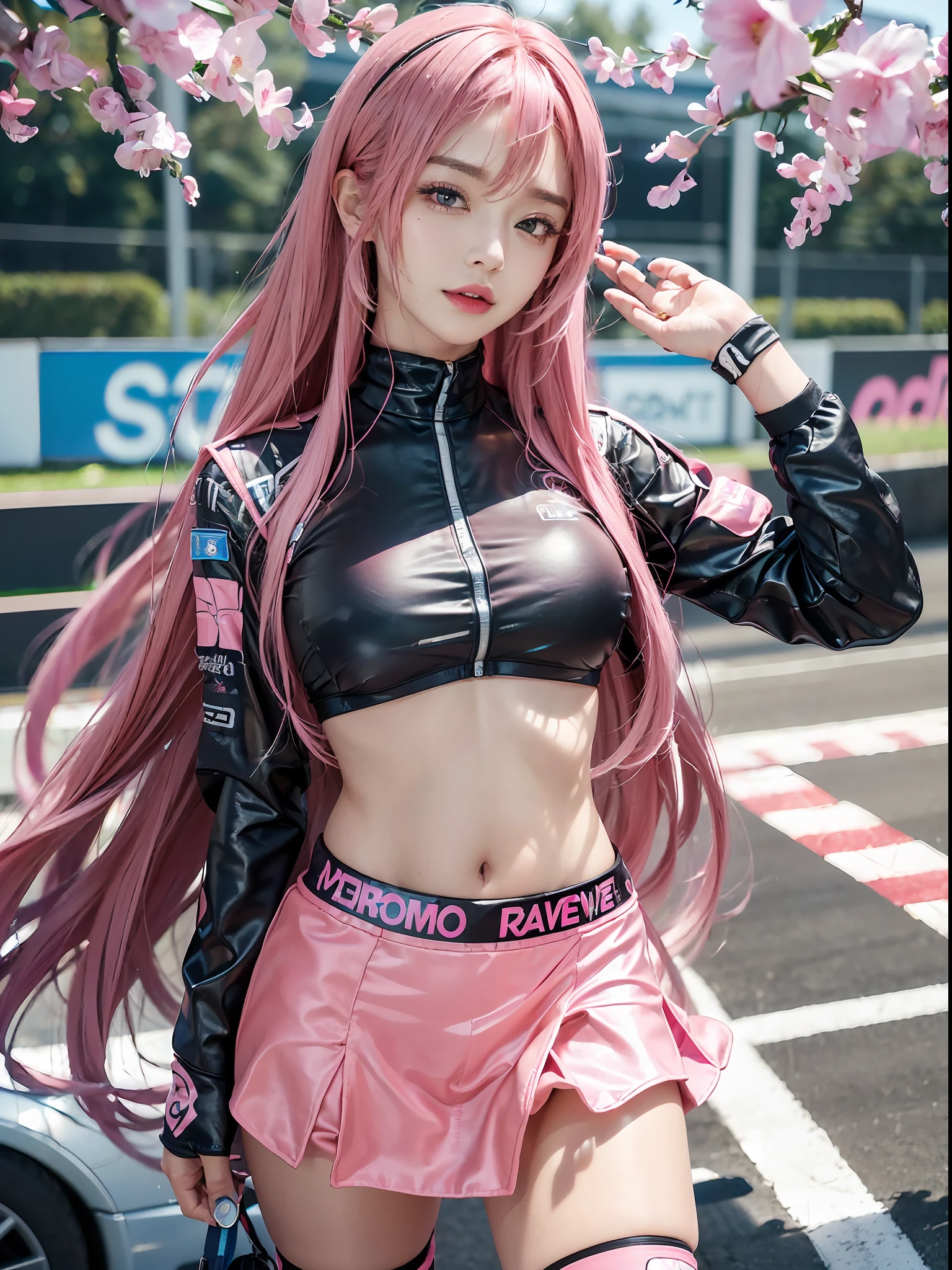 Top Quality, Ultra High Resolution, (Photorealistic: 1.4), (Pink Long Hair: 1.3), (Azure Lane\), One Girl, (Kpop Idol), Watch Audience, Detailed Face, Contrappost, Smooth Skin, Perfect Anatomy Professional Lighting, Futuristic Fashion, Streetwear, High-Tech Fabric, Racing Suit, Fireproof Material, Elbow and knee pads, racing gloves, personalized embroidery, sports car background, pits, mini skirt, belly button, pink hair, Suzuka circuit, circuit home straight, race track, international circuit, SUPERGT, big breasts, big
