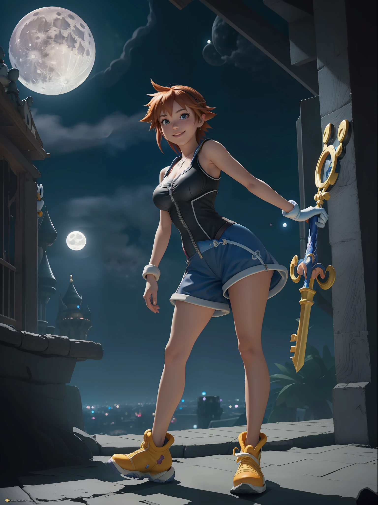 (Full body photo:1.7), (One/Woman/as Sora protagonist of Kingdom Hearts, Donald Duck and Goofy next to her:1.5), (Big breasts:1.7), (Wearing the full outfit of Sora from kingdom hearts/holding the Keblade sword in the shape of a key from the game Kingdom Hearts:1.3), (Looking at the viewer/smiling:1.3), (She is next to Donald Duck and Goofy:1.7),  (She's in a magical/night/full moon city in the sky:1.7), (She has Sora's hair from kingdom hearts: 1.5), (blue eyes: 1.5), (extremely tight body suit: 1.7), (doing sexy standing poses: 1.2), (Kingdom Hearts, award-winning, UHD, anime, high detail, 16k, high quality, masterpiece)