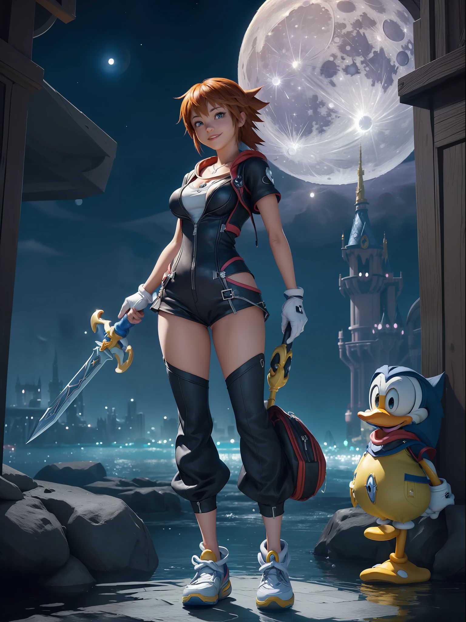 (Full body photo:1.7), (Kingdom Hearts 3, One/Woman/as Sora protagonist of Kingdom Hearts alongside /Donald Duck and /Goofy character:1.5), (Big Breasts:1.7), (Wearing the full outfit of the Sora from Kingdom Hearts/holding the Keblade sword shaped like a key from the game Kingdom Hearts:1.3), (Looking at the viewer/smiling:1.3),  (She's next to Donald Duck and Goofy:1.7), (She's in a magical/night/full moon city in the sky:1.7), (She's got Sora's hair from kingdom hearts: 1.5), (blue eyes: 1.5), (extremely tight body suit: 1.7), (doing sexy standing poses: 1.2), (Kingdom Hearts, award-winning, UHD, anime, high detail,  16k, high quality, masterpiece)