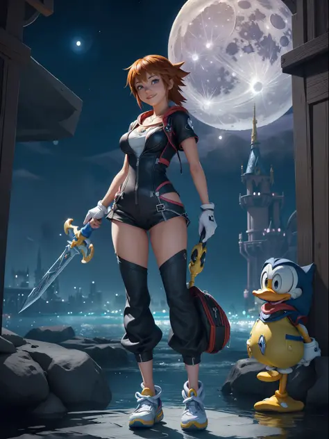 (Full body photo:1.7), (Kingdom Hearts 3, One/Woman/as Sora protagonist of Kingdom Hearts alongside /Donald Duck and /Goofy char...