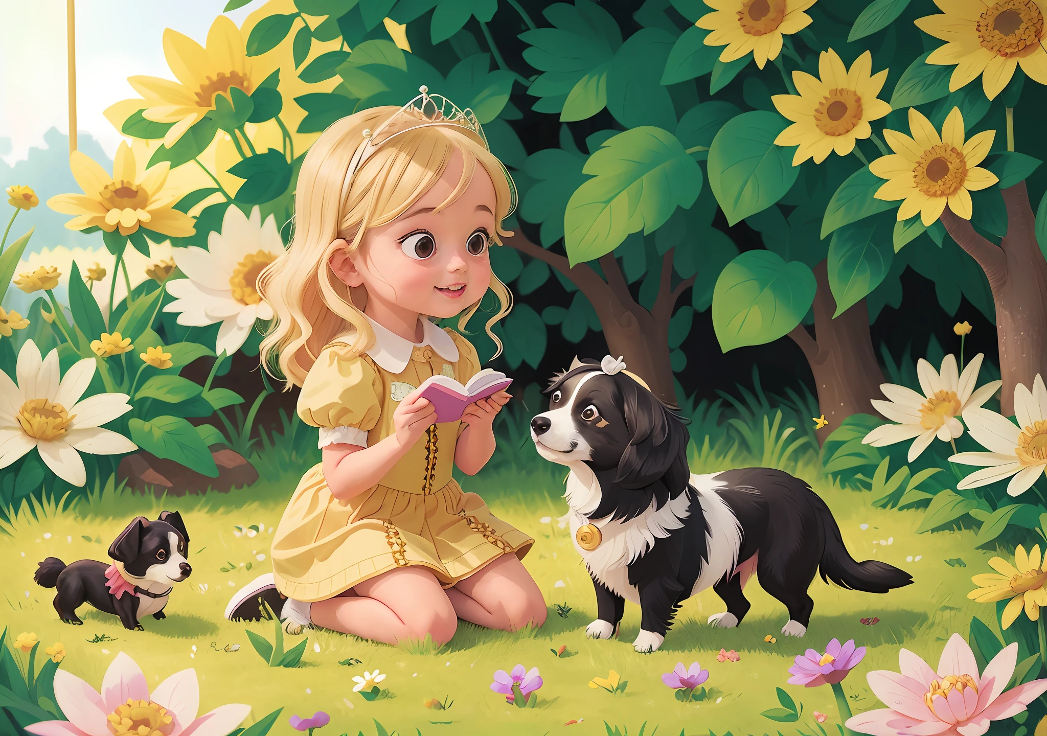 5-year-old girl, blonde, dressed as a princess, kneeling in a garden, petting a white and black border collie dog, close-up view, telephoto type, comic book type drawing, comics, children's literature.