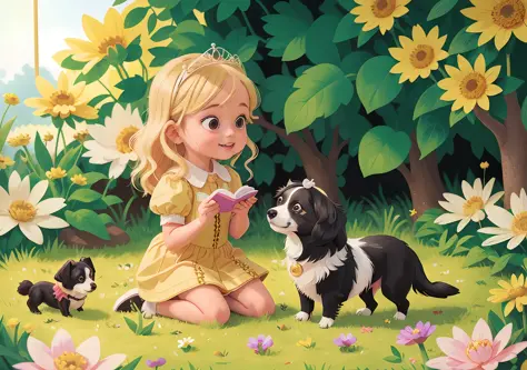 5-year-old girl, blonde, dressed as a princess, kneeling in a garden, petting a white and black border collie dog, close-up view...