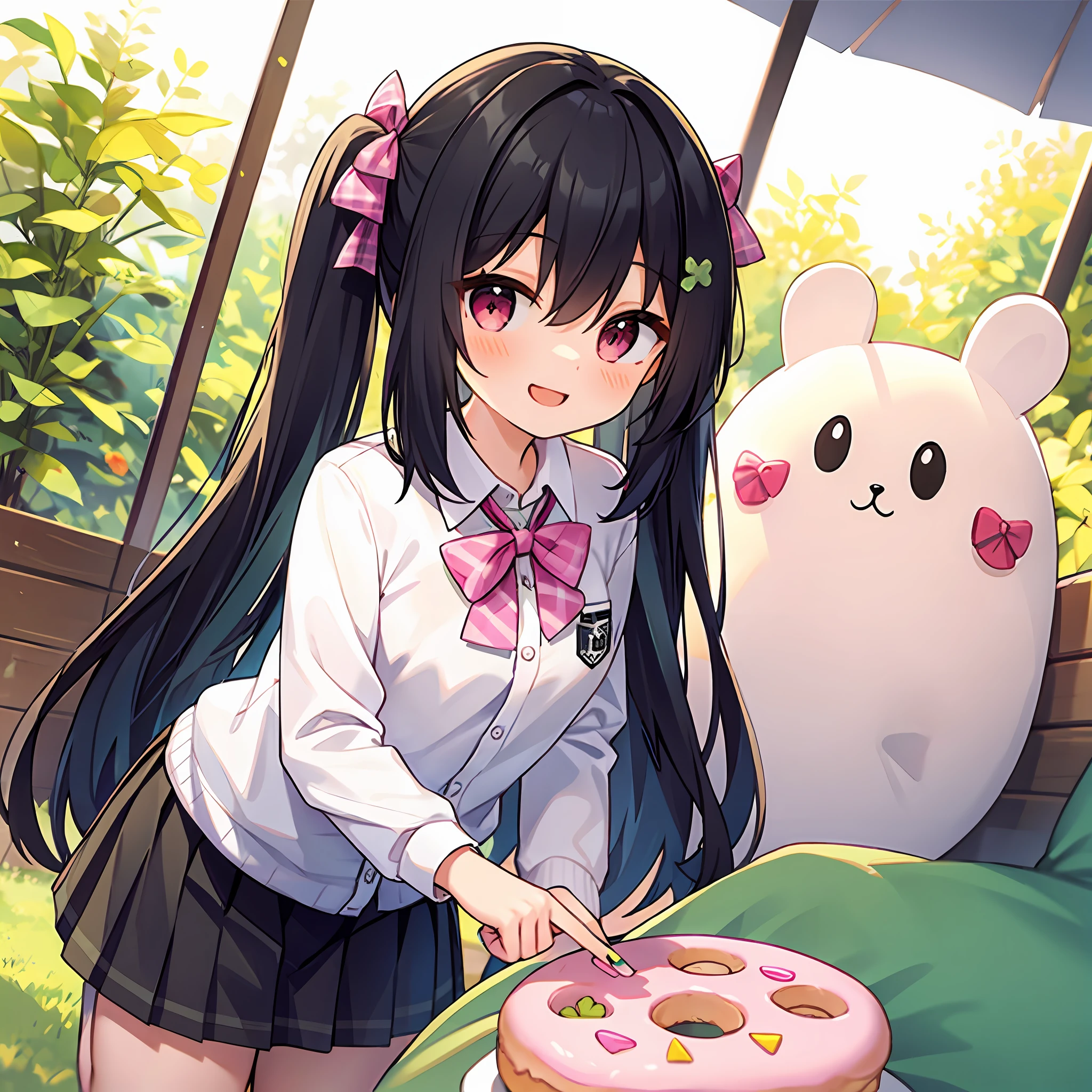 1girl, hair ornament, clover, bow, twintails, smile, stuffed toy, green bow, solo, clover hair ornament, long hair, four-leaf clover, stuffed animal, green nails, black hair, hairclip, shirt, skirt, low twintails, doughnut, bangs, collared shirt, white shirt, stuffed bunny, plaid, long sleeves, food, bowtie, looking at viewer, pink bow, four-leaf clover hair ornament, hair bow, nail polish, sweater, blush, pink eyes