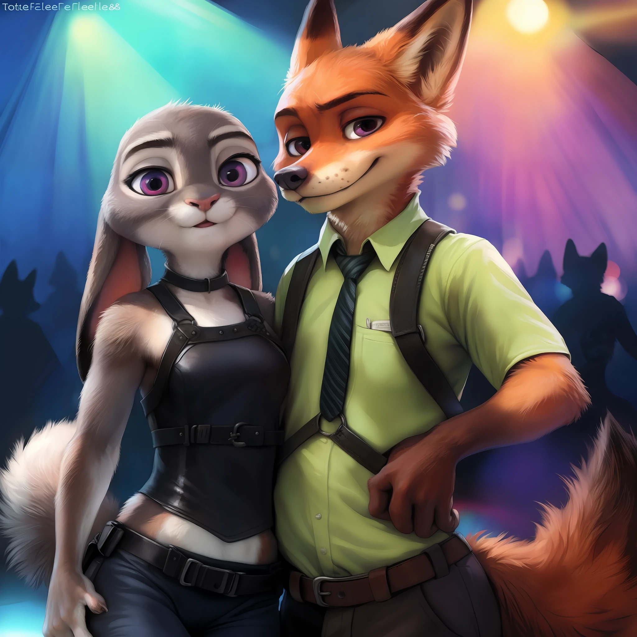 A couple of foxes standing next to each other in front of a stage - SeaArt  AI