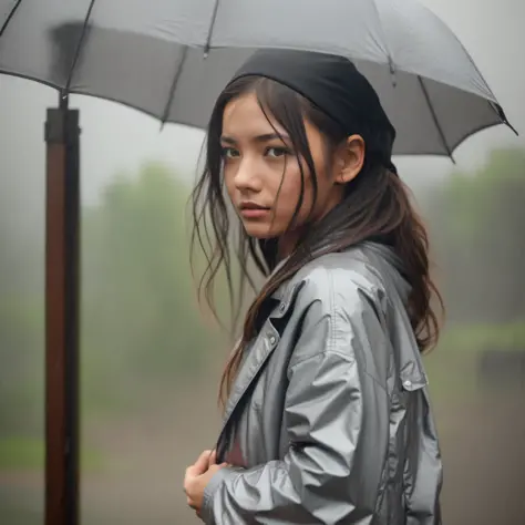 a beautiful girl in soaked clothes in a rainstorm (+1.2 for gray atmosphere, +1.2 for lightning and thunder, light filter).