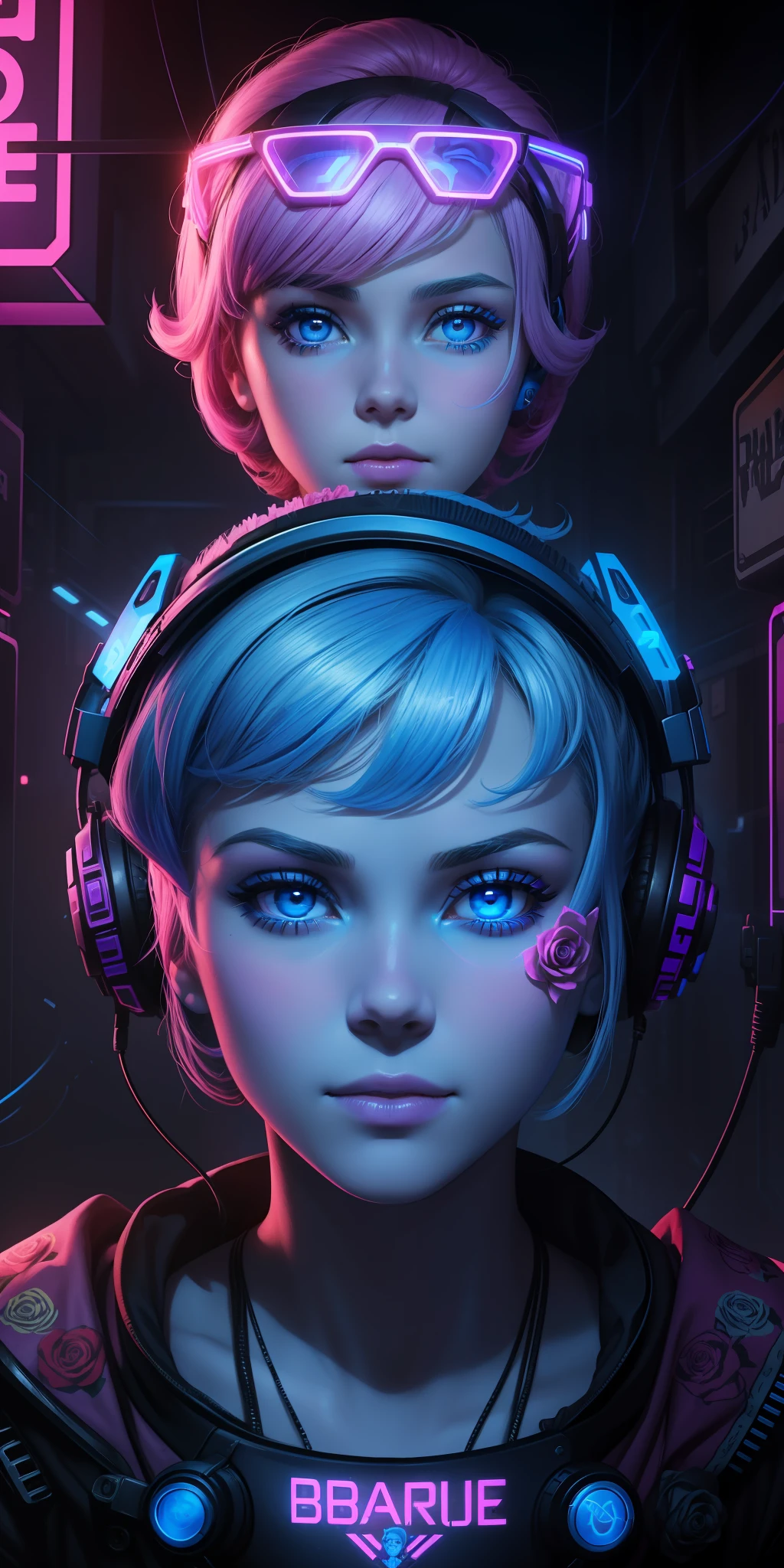 A girl with headphones and a neon light is standing next to a girl with  headphones - SeaArt AI