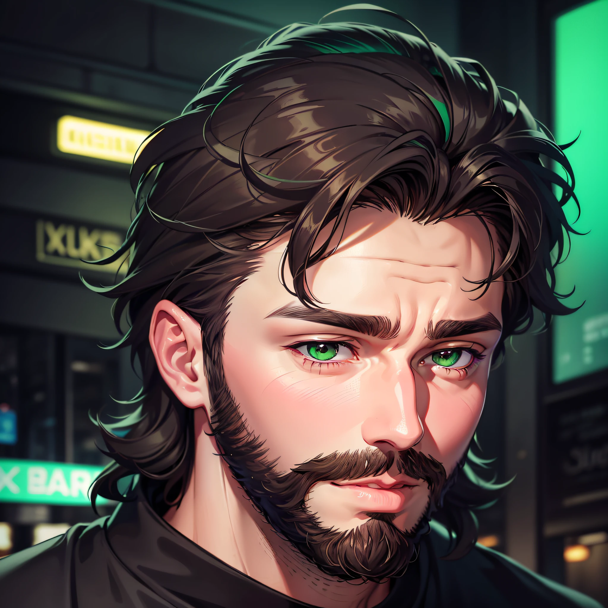 Adult man with beard and dark brown hair, dark brown eyes, black sweatshirt with green details, in a city with green neon lights.