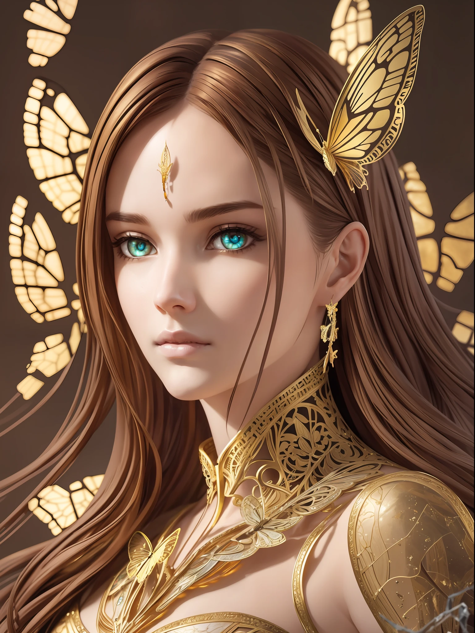 8k portrait of beautiful cyborg with brown hair, intricate, elegant, highly detailed, majestic, digital photography, art by artgerm and ruan jia and greg rutkowski surreal painting gold butterfly filigree, broken glass, (masterpiece, sidelighting, finely detailed beautiful eyes: 1.2), hdr,