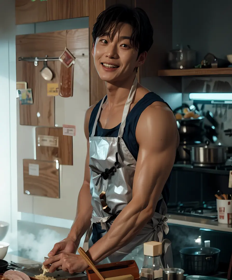 there is a man standing in a kitchen preparing food on a table, cooking show, still from a live action movie, wearing an apron, ...