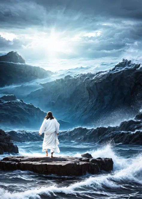 Jesus walking on water in a storm, expression of power, streaks of light descending from the sky, masterpiece, high quality, hig...