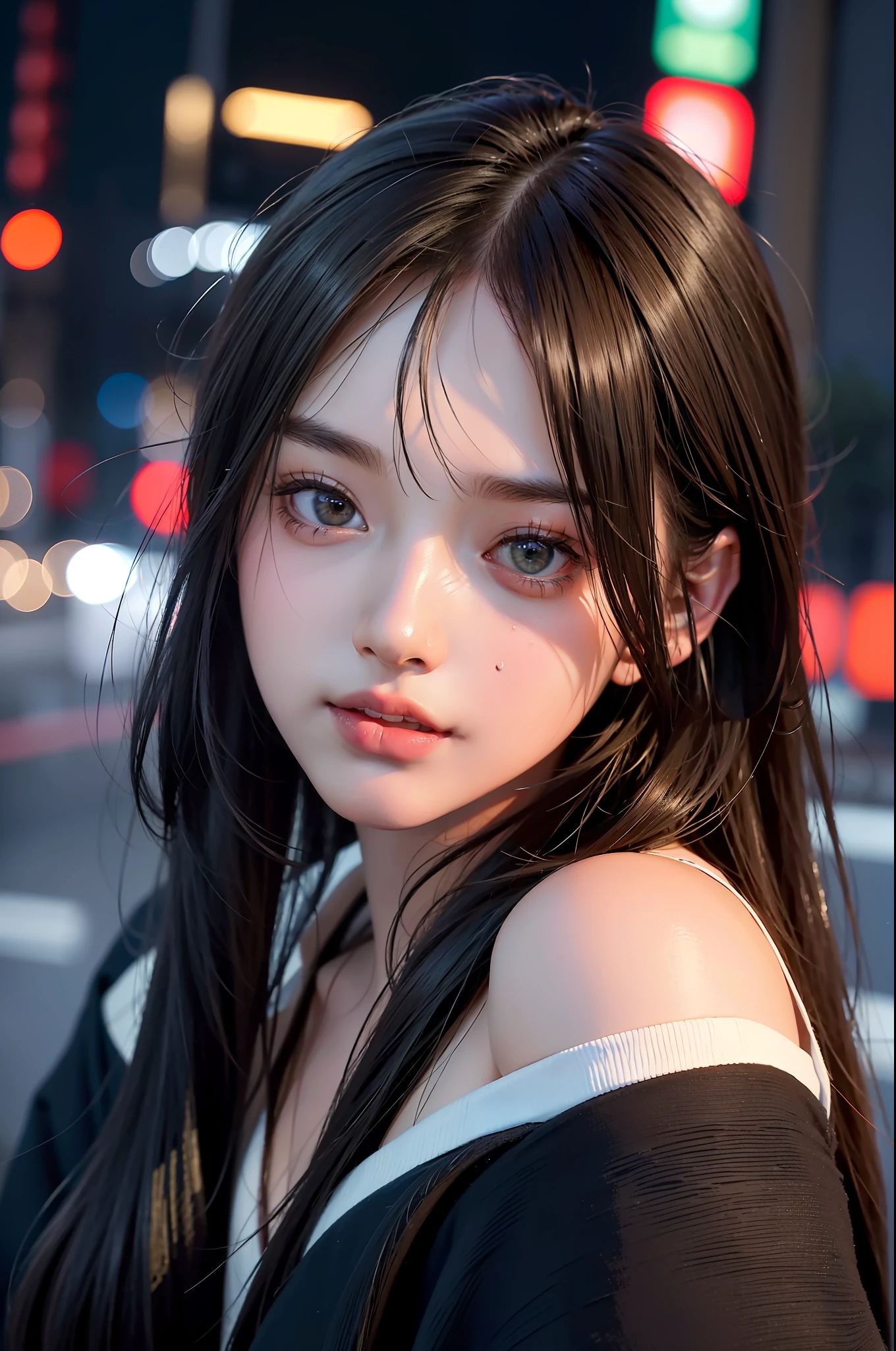 "1 featured girl, Tokyo street at night, close-up of cityscape with city lights, ultra-detailed 8k, RAW photo with best quality and masterpiece of photo-realistic realism."