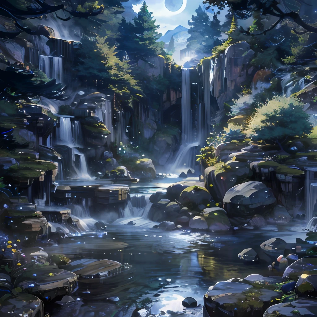 ake, arch, corner, rockerie, tree, flowing water, landscape, outdoors, waterfall, meadow, rock, stream, moon, night sky, night scene, hot spring, steam, magnificent composition, darkness, moonlight, high resolution detail, masterpiece, best quality, (high detail cg unified 8k wallpaper), (highest quality)