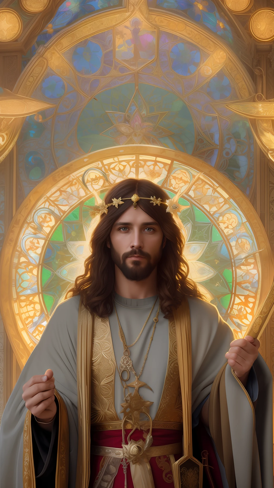 Jesucristo y los discípulos, adornos de detalles polvorientos, , retrato del personaje dnd, Intrincado, Resolución 8K, iluminación dinámica, hiperdetallado, irreal 5, iluminación volumétrica, alphonse mucha, prerrafaelita, antecedentes detallados, mandala, cara detallada, ojos detallados, ojos de neón