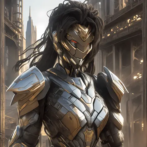 Beautiful tall woman with robotic armor with super realistic and well detailed black hair