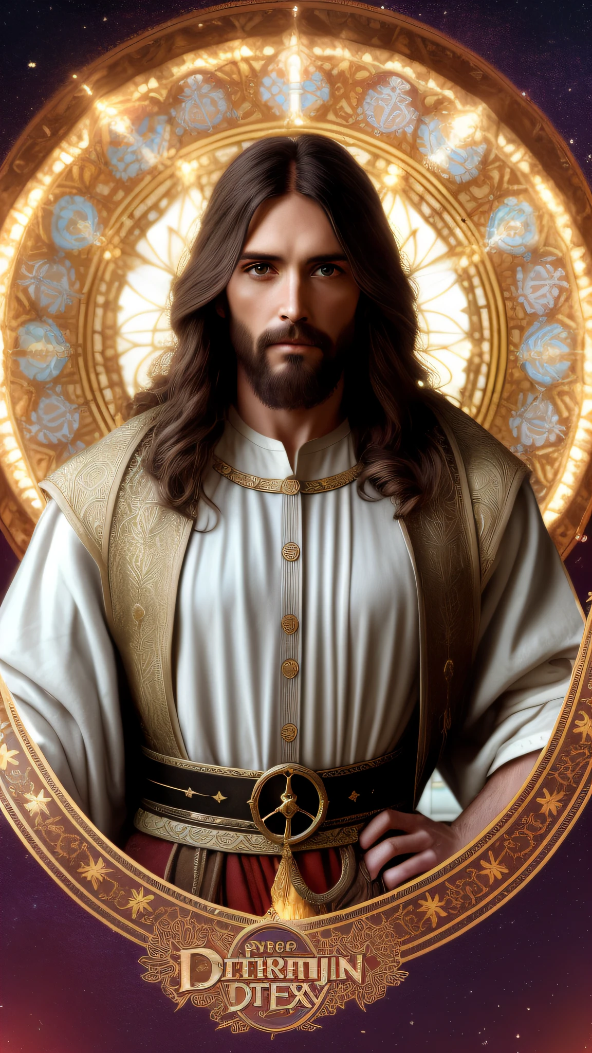 Jesus Christ and the disciples, dusty detail ornaments, , dnd character portrait, intricate, 8k resolution, dynamic lighting, hyperdetailed, unreal 5, volumetric lighting, alphonse mucha, Pre-Raphaelite, detailed background, mandala, detailed face, detailed eyes, neon eyes
