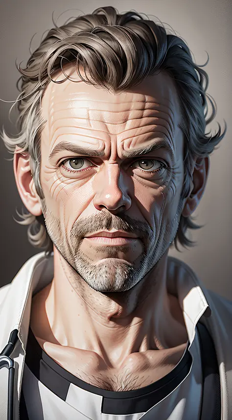 Dr House, in animated format, portrait, 3d, ethyl lora, realistic, gray background
