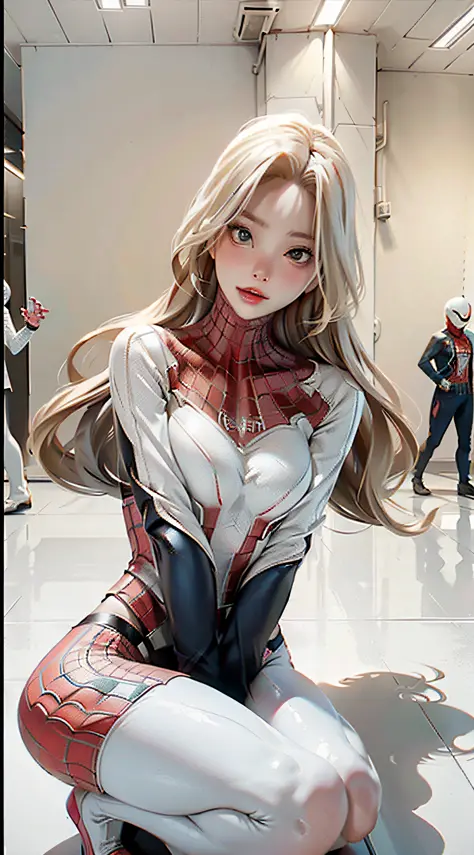 Female version of Spider-Man, Gwen, white ultra-thin tights, spider vector LOGO on chest, long blonde hair, cute