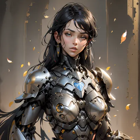 Beautiful tall woman with robotic armor with super realistic and well detailed black hair