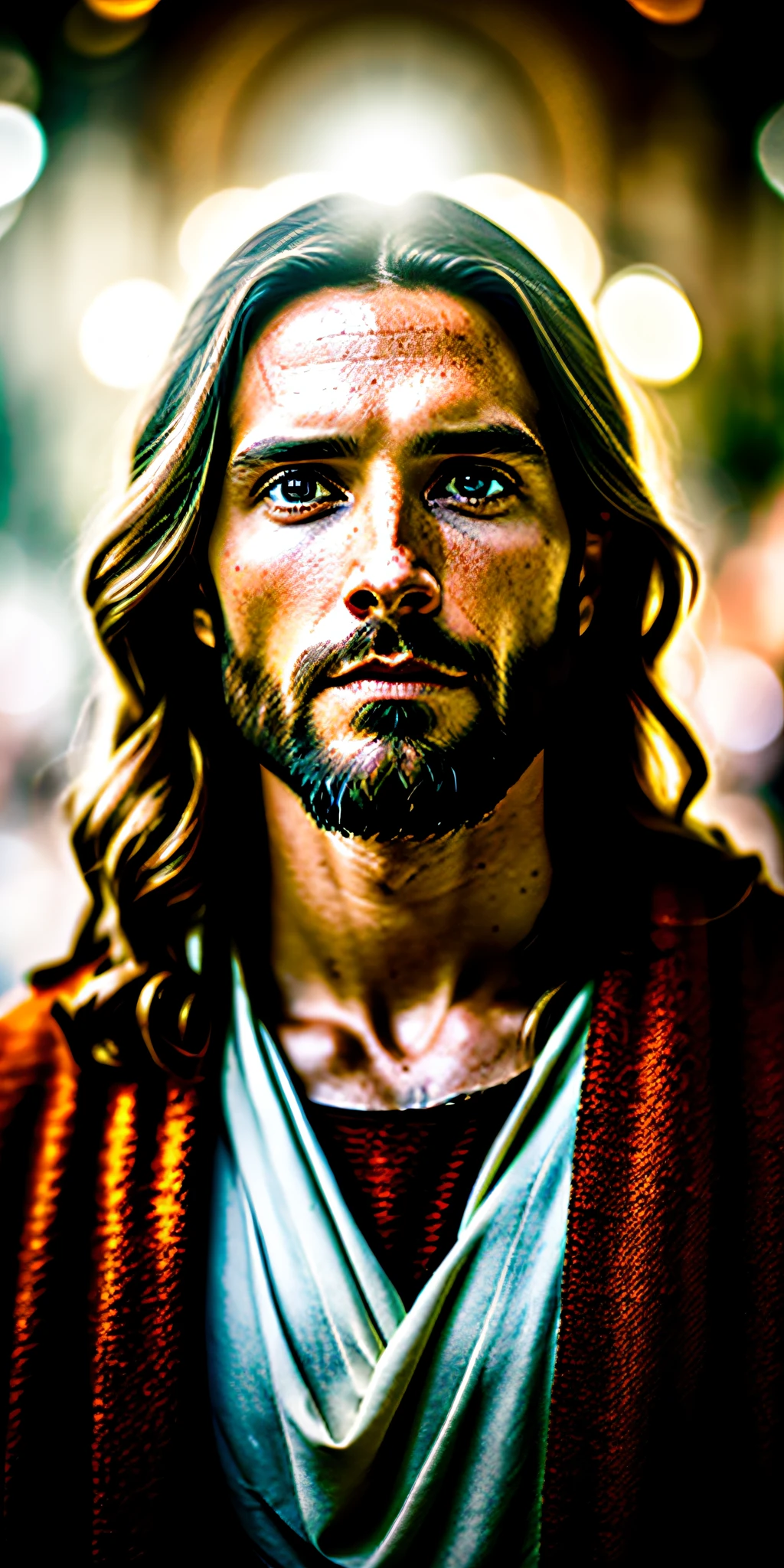 retrato del Jesucristo moderno, iluminación cinematográfica, profundidad de campo, bokeh, realism, Fotorrealista, hyperrealism, fotografía profesional, HD, DSLR, hdr