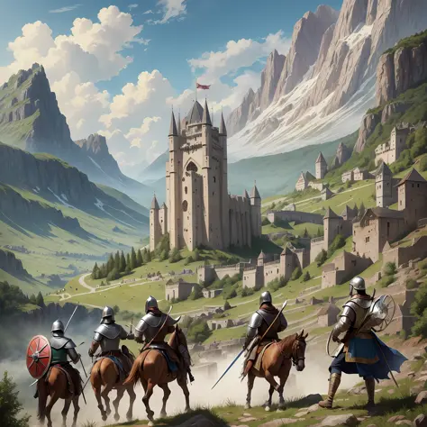 Professional English drawing of medieval warriors in a detled-shaped mountainous landscape --auto --s2