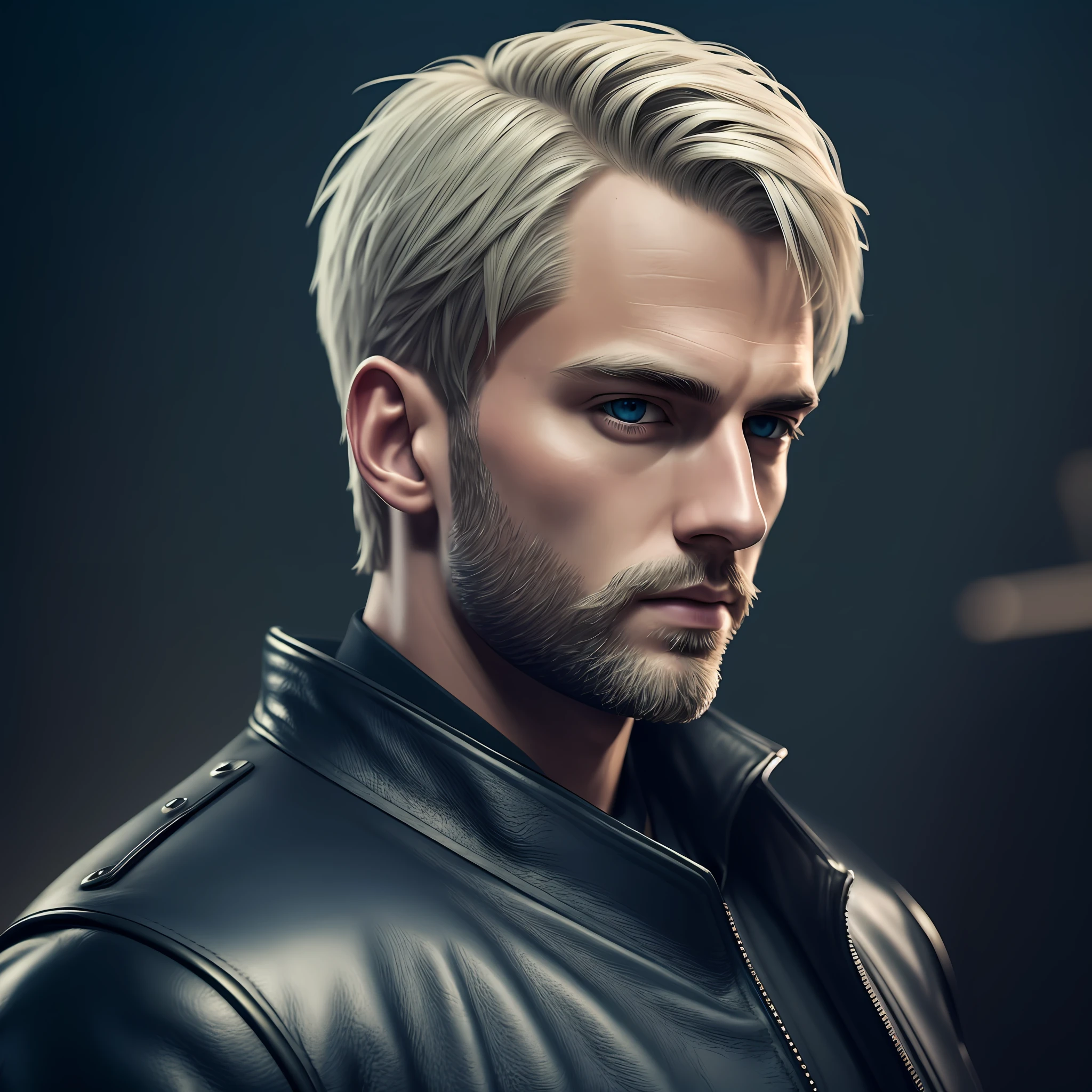 blonde man, blue eyes, short hair, thin beard on chin, wearing casual and modern black leather clothes, masterpiece, best quality, highest quality, cinematic lighting, (volumetric lighting), extremely detailed CG 8k wallpaper unit, focused, 8k wallpaper, 4k wallpaper, extremely detailed, ultra realistic, photorealistic, sharp focus, absurd, (HDR: 1.2),  (high contrast), photography, detailed and intricate, instagram, portrait, highly detailed, digital painting, artstation, concept art, smooth, sharp focus, illustration, cinematic lighting, --auto --s2